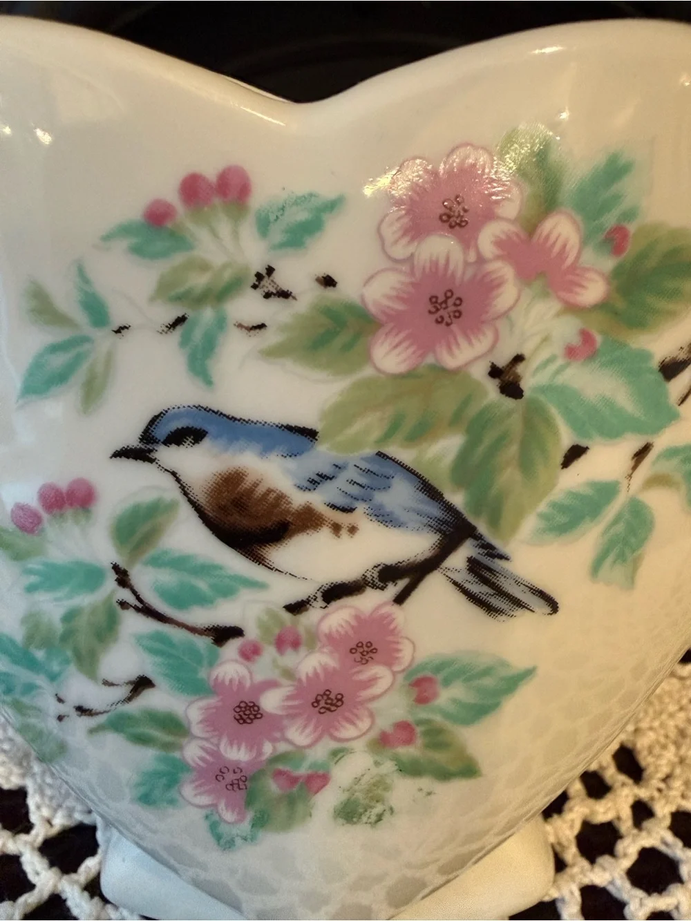 Heart-Shaped Porcelain Bud Vase with Bluebird  Design
